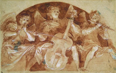 Three Angel Musicians (pen og blæk og rødt kridt på papir)
